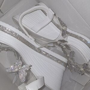 SHEIN White and Silver Butterfly Embellished Sandals
